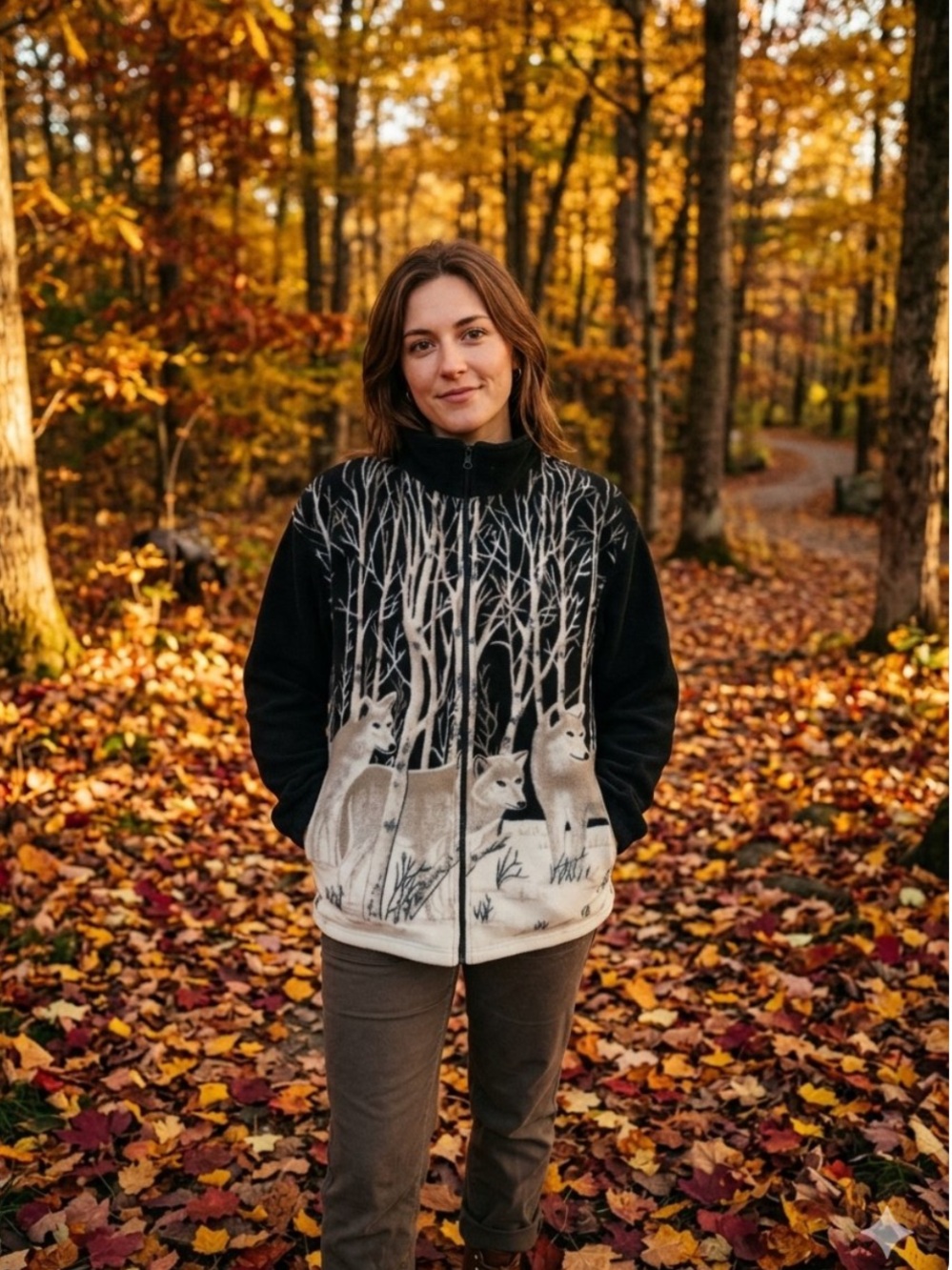 Vintage Wolf Forest All Over Print Fleece Jacket Size L  ZipUp Cozy
Vintage 90’s
